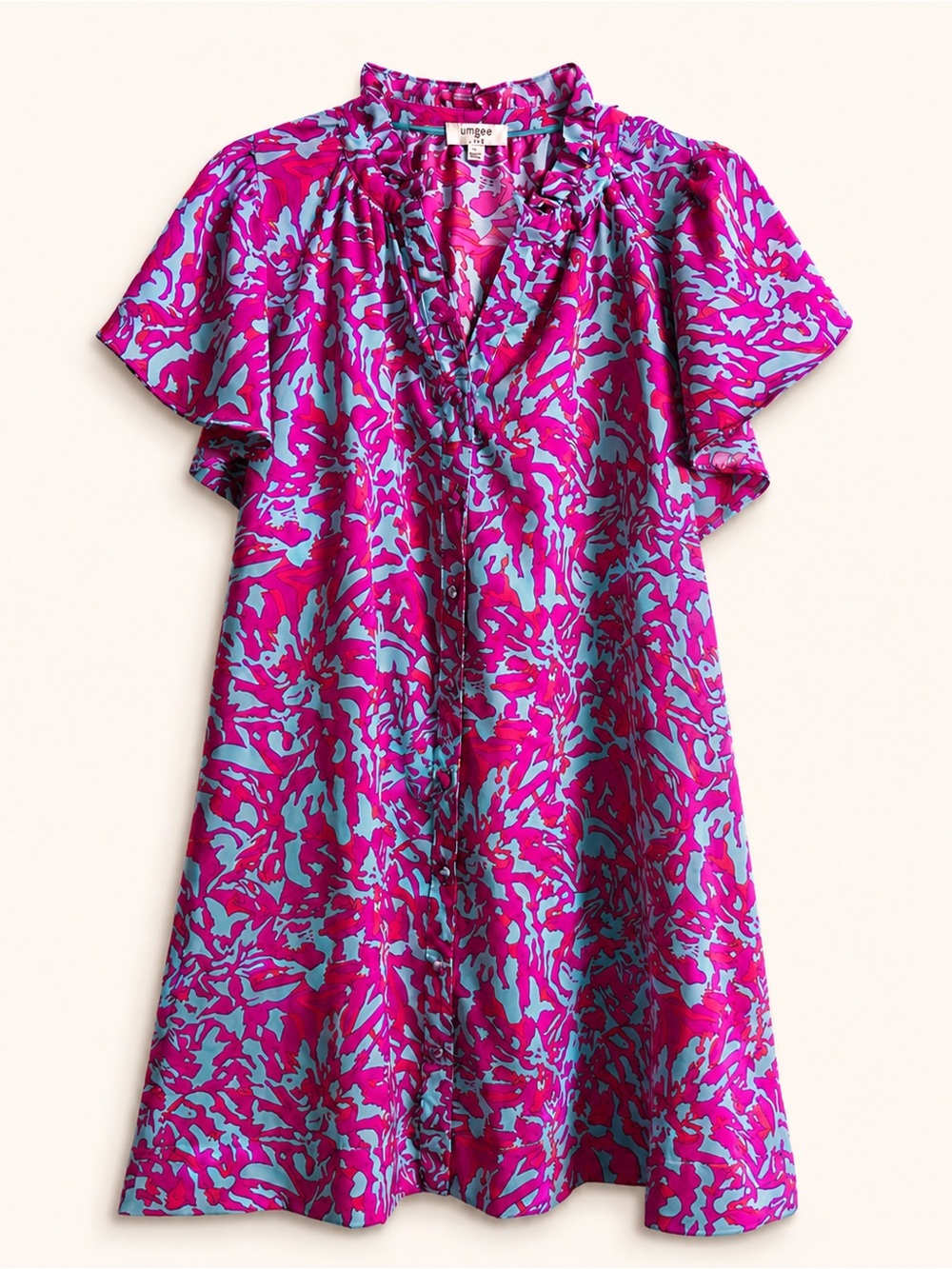 Umgee Floral Ruffle Sleeve Button Front Dress Pink Blue Size S